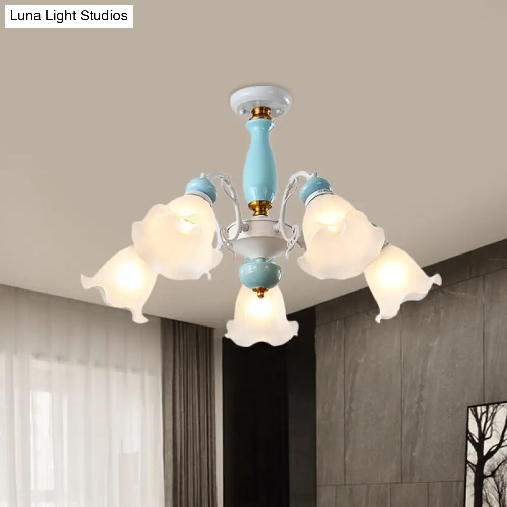 DecorBites™ DecorBites™ Traditional Floral White Glass Semi-Flush Ceiling Light with 3/5 Lights - Bedroom Flush Mount Lamp in Light Blue