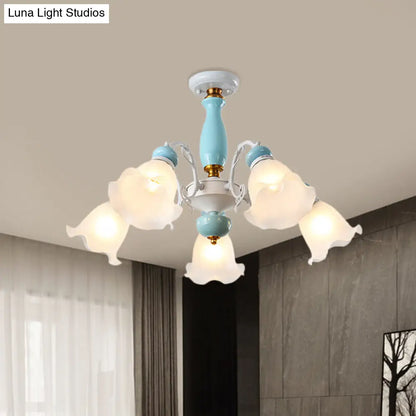 DecorBites™ DecorBites™ Traditional Floral White Glass Semi-Flush Ceiling Light with 3/5 Lights - Bedroom Flush Mount Lamp in Light Blue