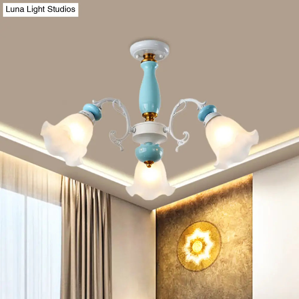 DecorBites™ DecorBites™ Traditional Floral White Glass Semi-Flush Ceiling Light with 3/5 Lights - Bedroom Flush Mount Lamp in Light Blue