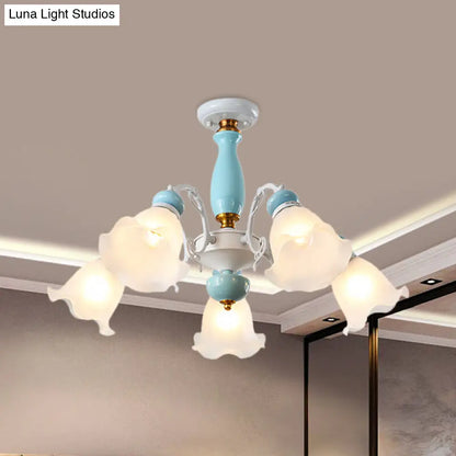 DecorBites™ DecorBites™ Traditional Floral White Glass Semi-Flush Ceiling Light with 3/5 Lights - Bedroom Flush Mount Lamp in Light Blue