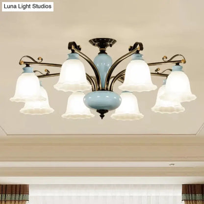 DecorBites™ DecorBites™ Traditional Flower White Glass Semi-Flush Ceiling Light - Bedroom Lamp (6/8 Heads)