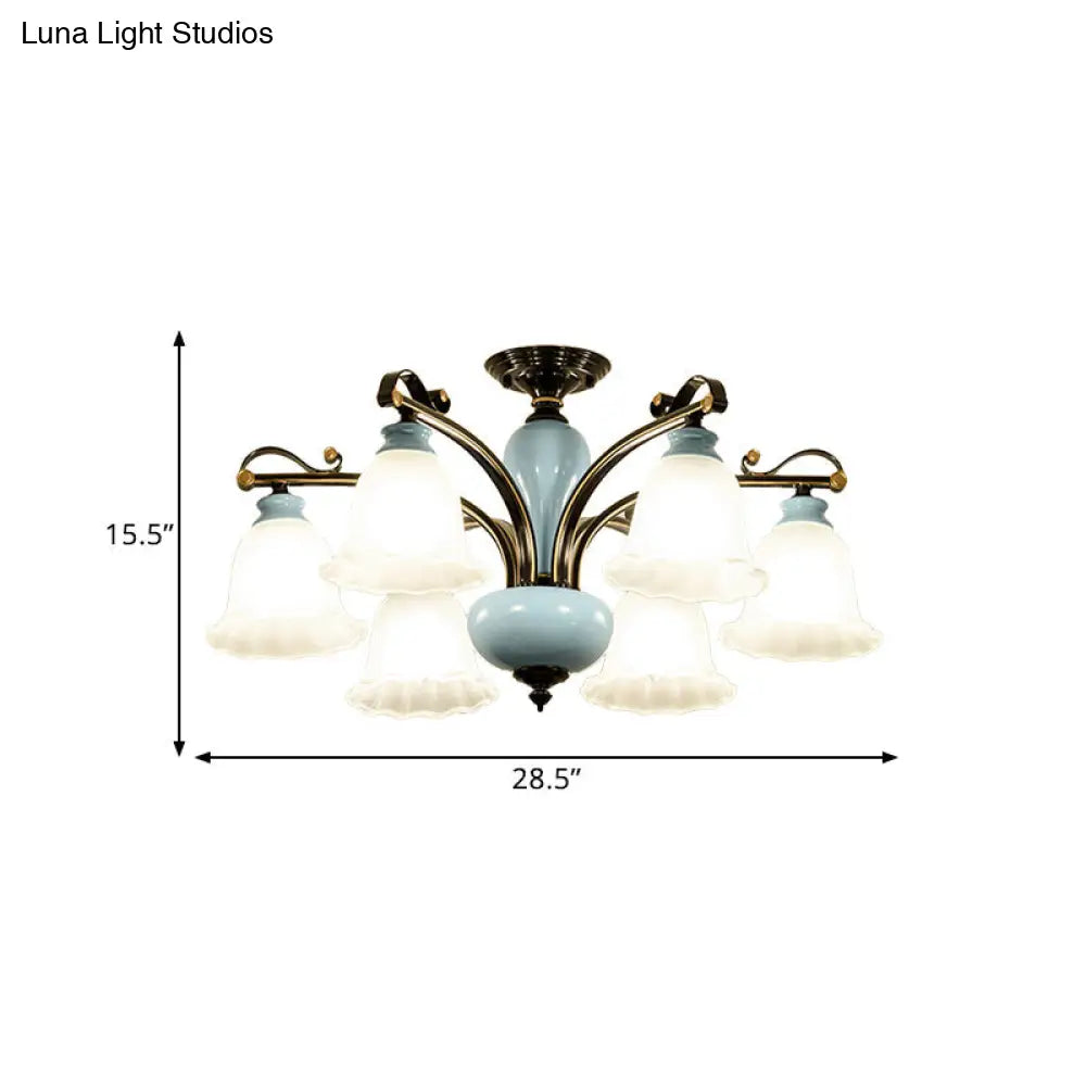 DecorBites™ DecorBites™ Traditional Flower White Glass Semi-Flush Ceiling Light - Bedroom Lamp (6/8 Heads)