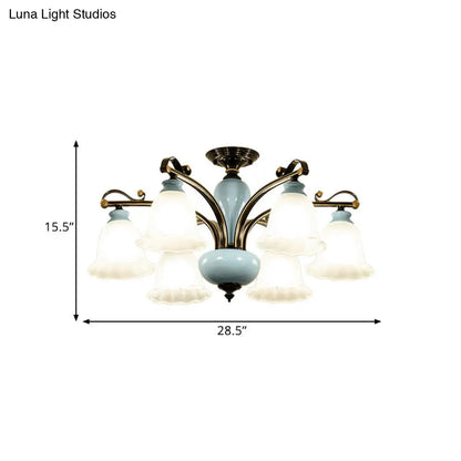 DecorBites™ DecorBites™ Traditional Flower White Glass Semi-Flush Ceiling Light - Bedroom Lamp (6/8 Heads)