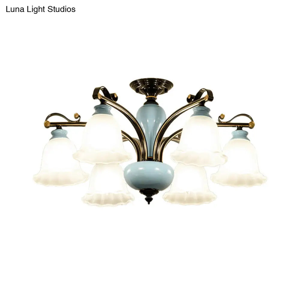 DecorBites™ DecorBites™ Traditional Flower White Glass Semi-Flush Ceiling Light - Bedroom Lamp (6/8 Heads)