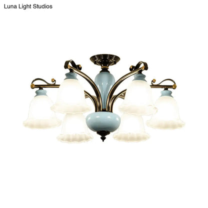 DecorBites™ DecorBites™ Traditional Flower White Glass Semi-Flush Ceiling Light - Bedroom Lamp (6/8 Heads)