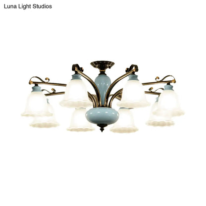 DecorBites™ DecorBites™ Traditional Flower White Glass Semi-Flush Ceiling Light - Bedroom Lamp (6/8 Heads)