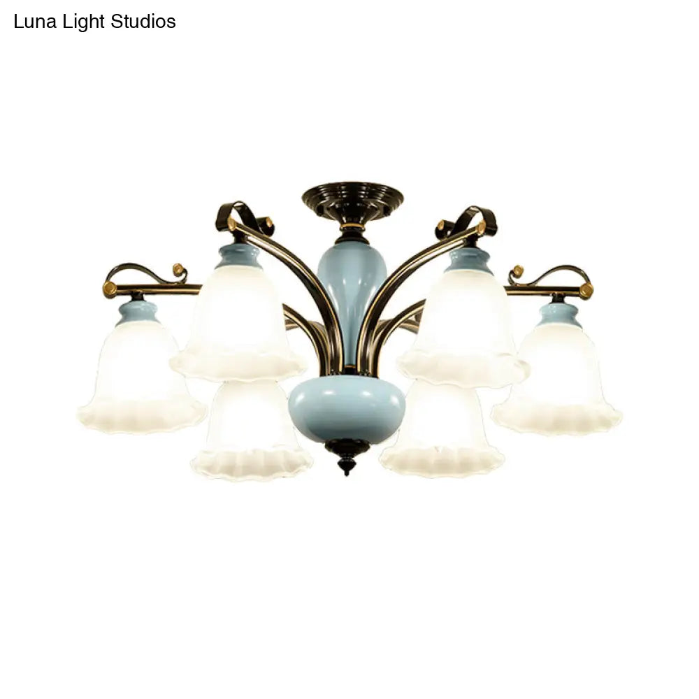 DecorBites™ DecorBites™ Traditional Flower White Glass Semi-Flush Ceiling Light - Bedroom Lamp (6/8 Heads)