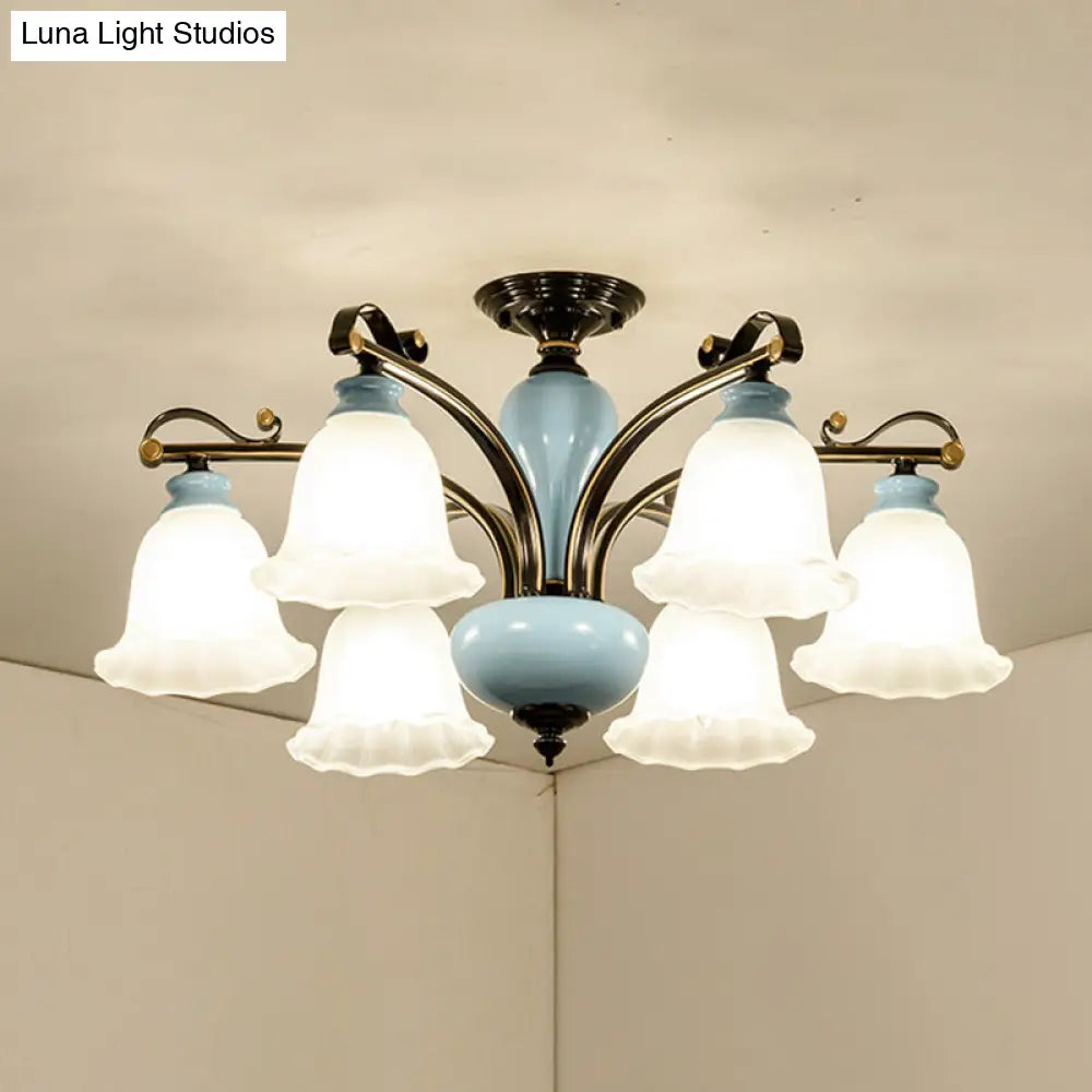 DecorBites™ DecorBites™ Traditional Flower White Glass Semi-Flush Ceiling Light - Bedroom Lamp (6/8 Heads)