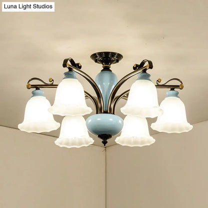 DecorBites™ DecorBites™ Traditional Flower White Glass Semi-Flush Ceiling Light - Bedroom Lamp (6/8 Heads)