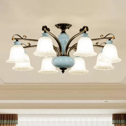 DecorBites™ DecorBites™ Traditional Flower White Glass Semi-Flush Ceiling Light - Bedroom Lamp (6/8 Heads)