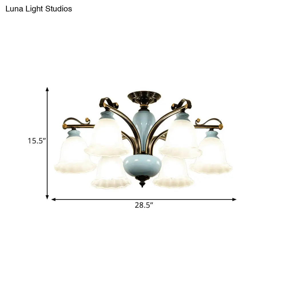 DecorBites™ DecorBites™ Traditional Flower White Glass Semi-Flush Ceiling Light - Bedroom Lamp (6/8 Heads)