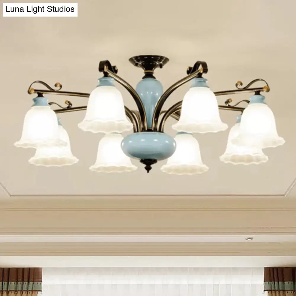 DecorBites™ DecorBites™ Traditional Flower White Glass Semi-Flush Ceiling Light - Bedroom Lamp (6/8 Heads)