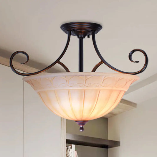 DecorBites™ DecorBites™ Traditional Frosted Glass Dining Room Bowl Semi Flush Mount with 3 Black Heads and Scrolled Arm
