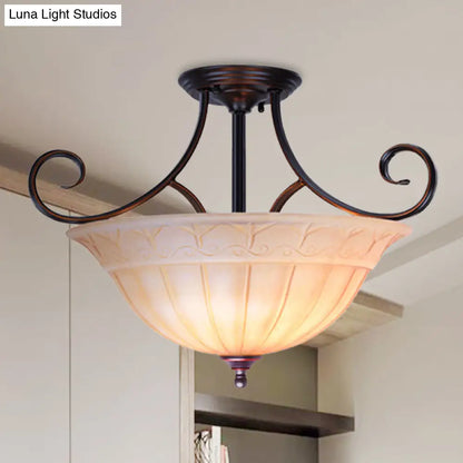 DecorBites™ DecorBites™ Traditional Frosted Glass Dining Room Bowl Semi Flush Mount with 3 Black Heads and Scrolled Arm