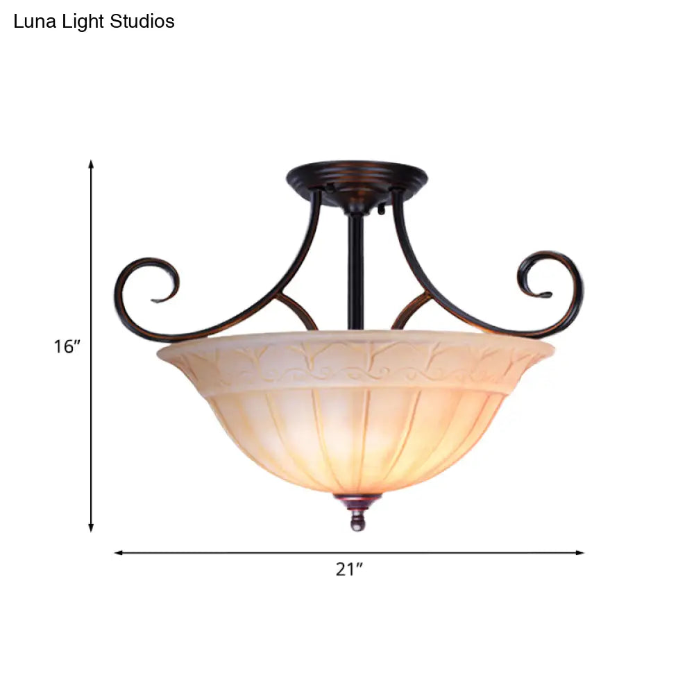DecorBites™ DecorBites™ Traditional Frosted Glass Dining Room Bowl Semi Flush Mount with 3 Black Heads and Scrolled Arm