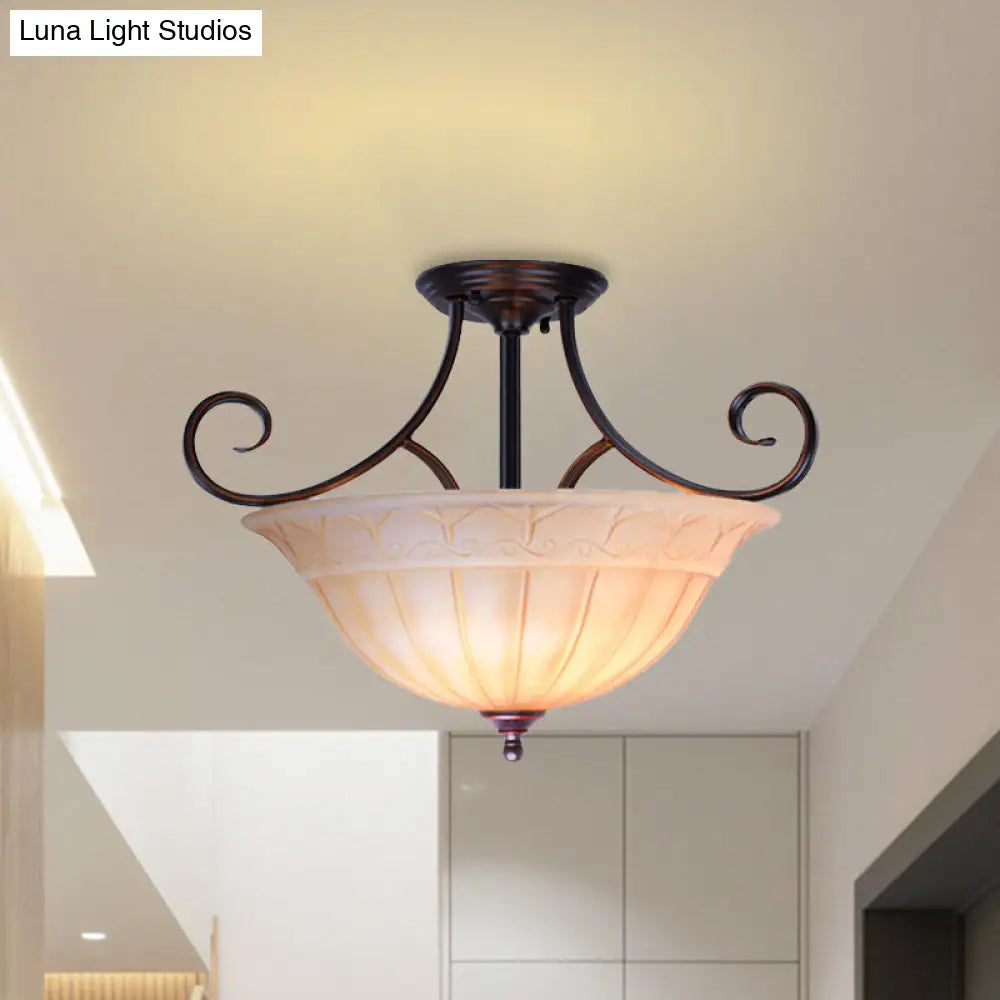 DecorBites™ DecorBites™ Traditional Frosted Glass Dining Room Bowl Semi Flush Mount with 3 Black Heads and Scrolled Arm