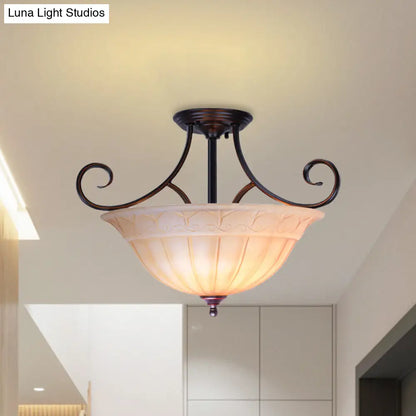 DecorBites™ DecorBites™ Traditional Frosted Glass Dining Room Bowl Semi Flush Mount with 3 Black Heads and Scrolled Arm