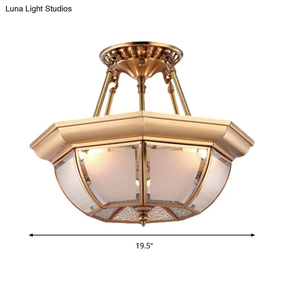 Traditional Glass Bowl Dining Room Ceiling Light, Brass Semi Flush Mount, 3/4 Bulbs, 14"/16"/18" Dia