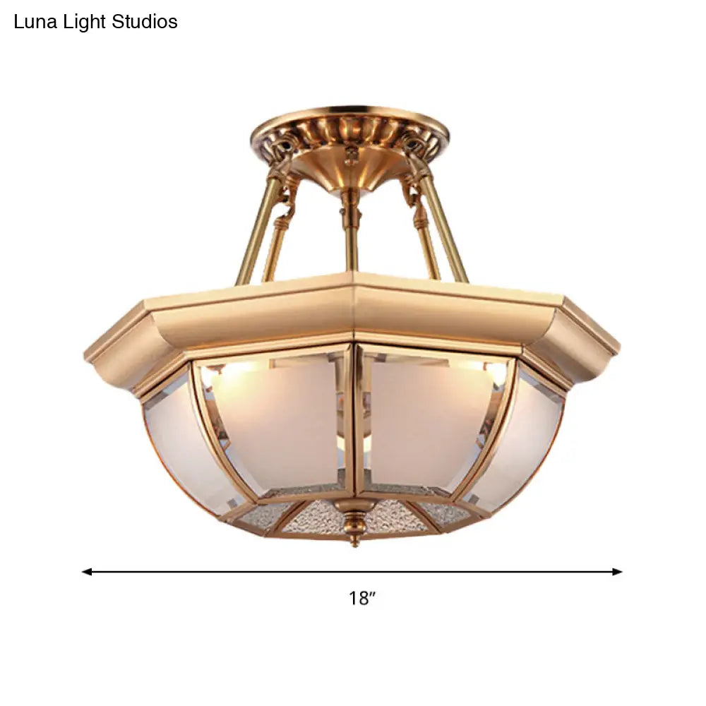 Traditional Glass Bowl Dining Room Ceiling Light, Brass Semi Flush Mount, 3/4 Bulbs, 14"/16"/18" Dia