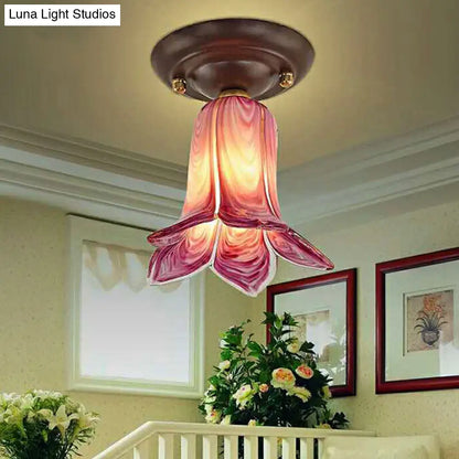 DecorBites™ DecorBites™ Traditional Glass Flush Ceiling Light Fixture - Flower Shaped, White/Yellow/Purple - 1 Light for Living Room