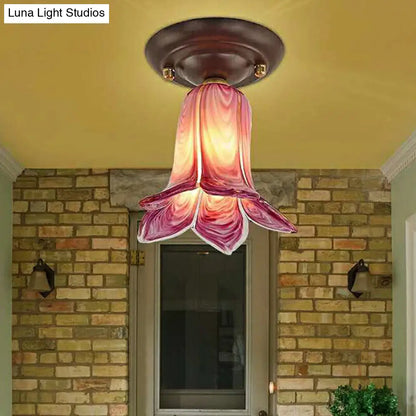 DecorBites™ DecorBites™ Traditional Glass Flush Ceiling Light Fixture - Flower Shaped, White/Yellow/Purple - 1 Light for Living Room