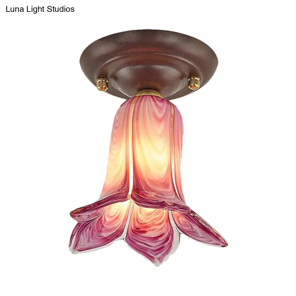 DecorBites™ DecorBites™ Traditional Glass Flush Ceiling Light Fixture - Flower Shaped, White/Yellow/Purple - 1 Light for Living Room