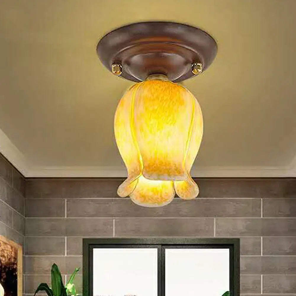 DecorBites™ DecorBites™ Traditional Glass Flush Ceiling Light Fixture - Flower Shaped, White/Yellow/Purple - 1 Light for Living Room