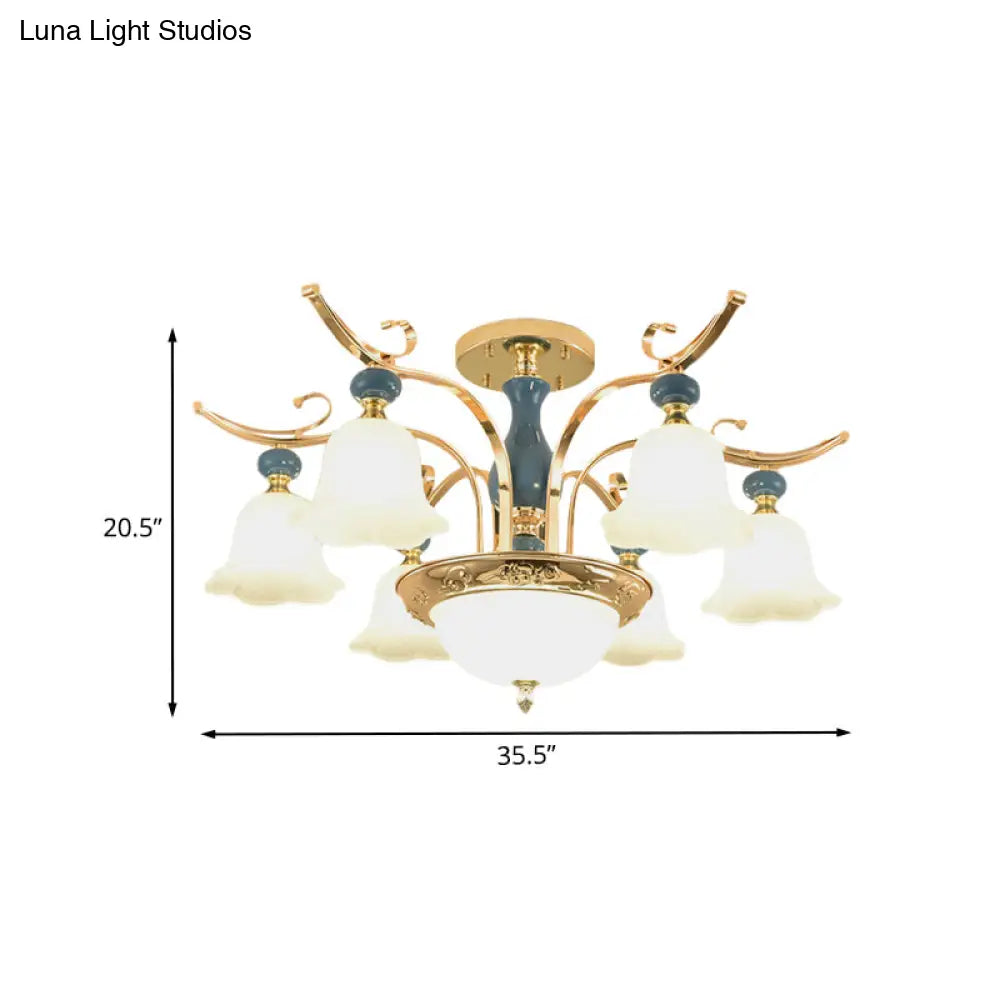 DecorBites™ DecorBites™ Traditional Gold 6-Bulb Semi Flush Mount Chandelier with Opal White Glass Shade