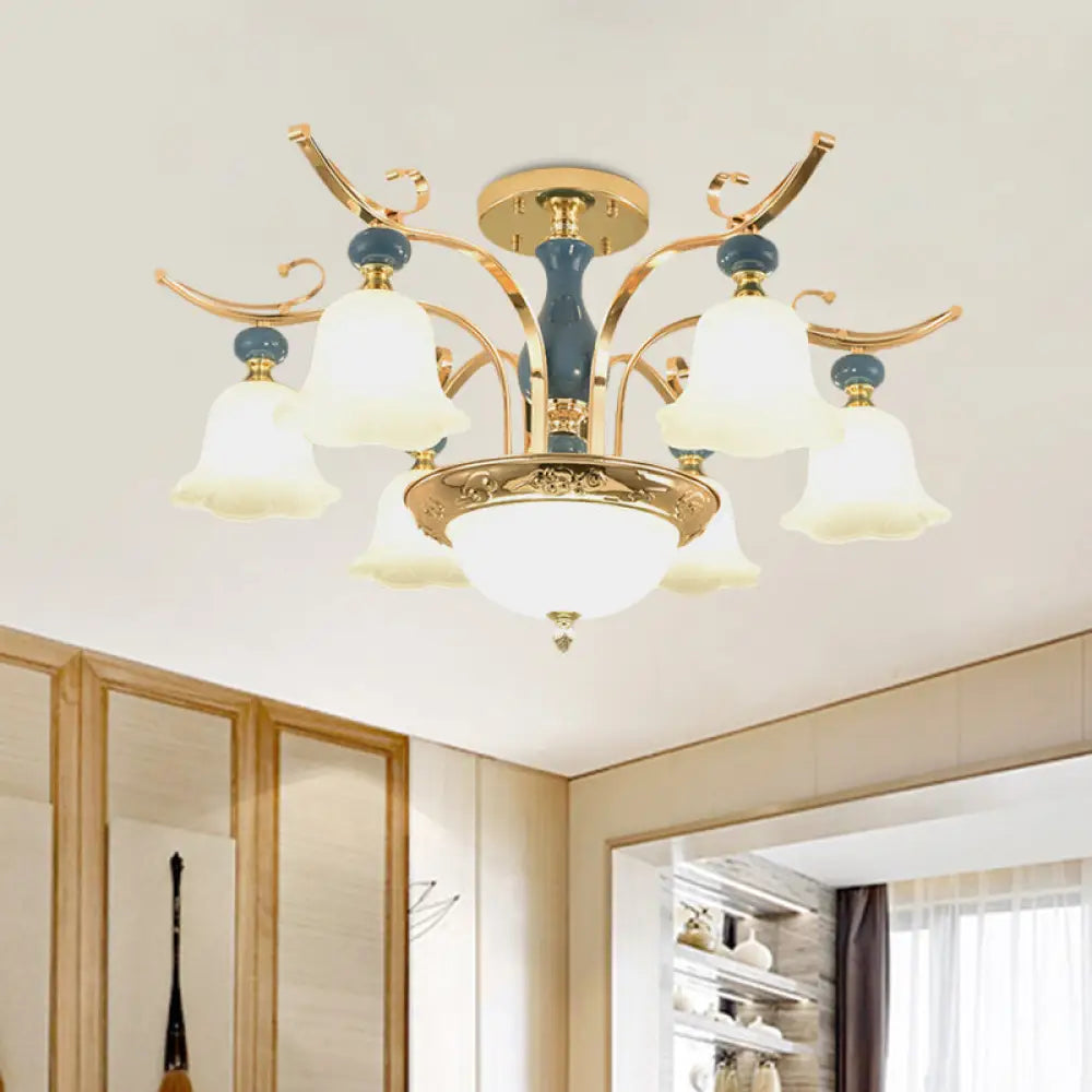 DecorBites™ DecorBites™ Traditional Gold 6-Bulb Semi Flush Mount Chandelier with Opal White Glass Shade