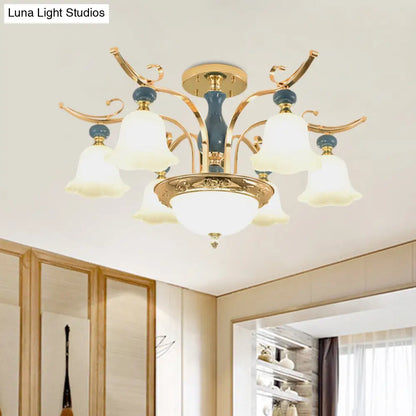 DecorBites™ DecorBites™ Traditional Gold 6-Bulb Semi Flush Mount Chandelier with Opal White Glass Shade