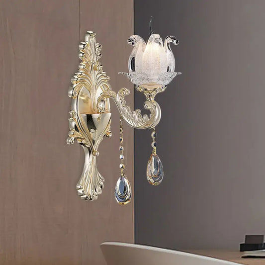 Traditional gold swan frosted glass sconce with crystal pendants for elegant living room wall lighting