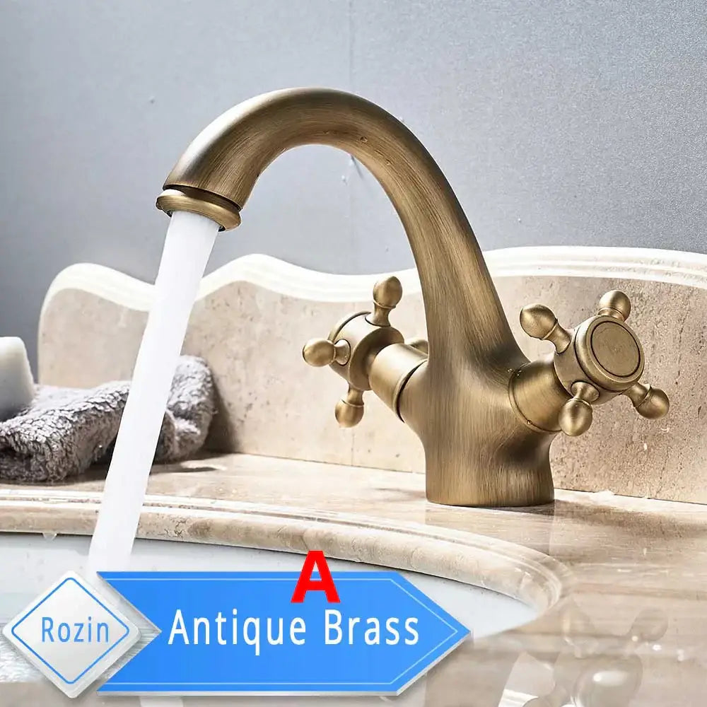 Antique brass traditional gold vessel sink basin faucet with curved spout and dual cross handles for bathroom decorbites gold vessel
