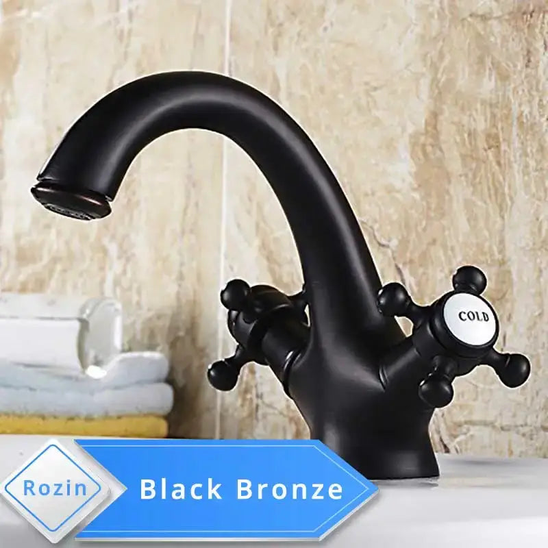 Black bronze basin faucet with curved spout and dual cross handles for decorbites gold vessel sink bathroom use