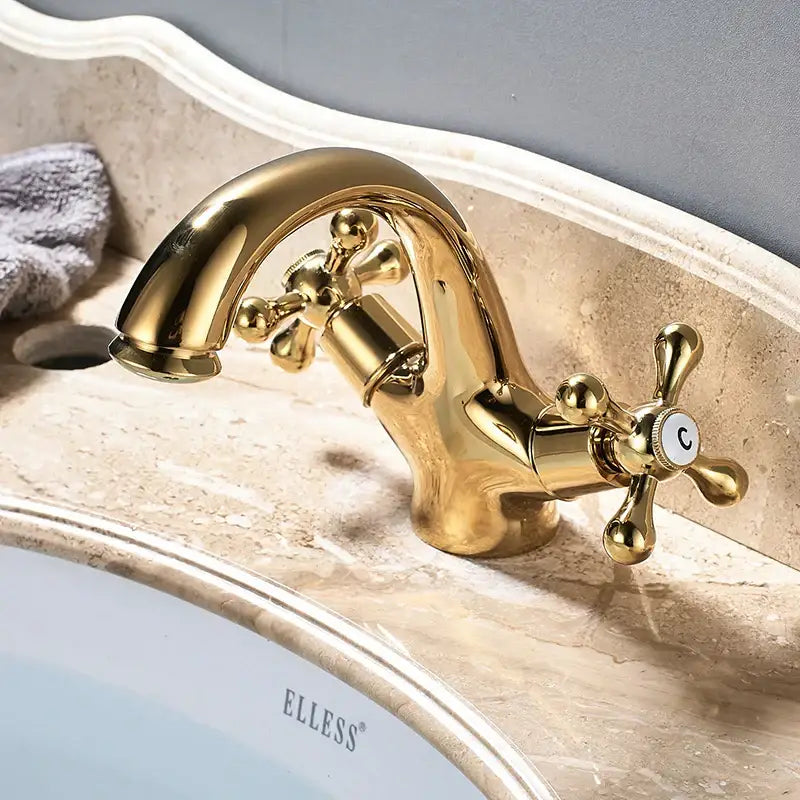 Traditional gold vessel sink basin faucet with dual cross handles and polished metallic finish by decorbites gold vessel