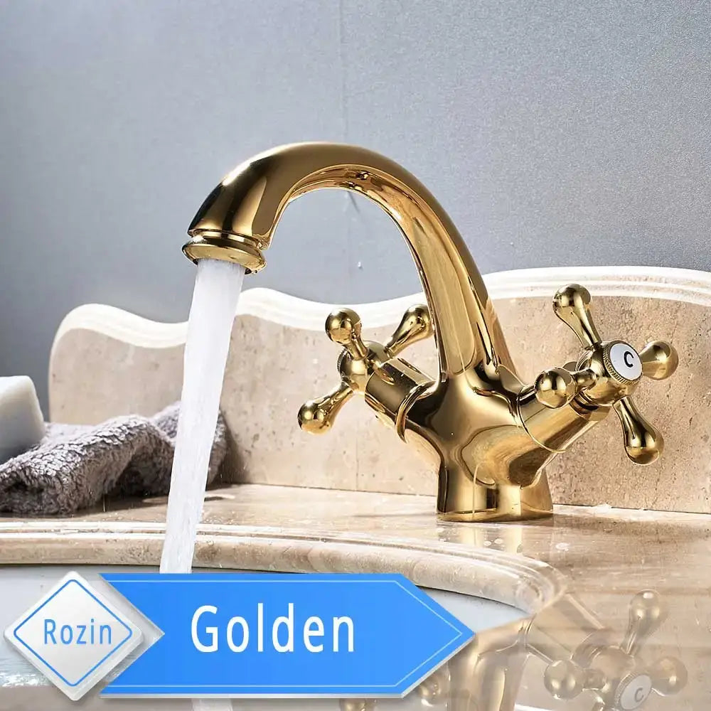 Traditional gold vessel sink basin faucet with brass finish curved spout and dual cross handles by decorbites gold vessel sink