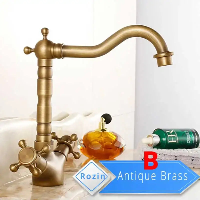 Antique brass traditional gold vessel sink basin faucet with curved spout and dual cross handle decorbites gold vessel sink