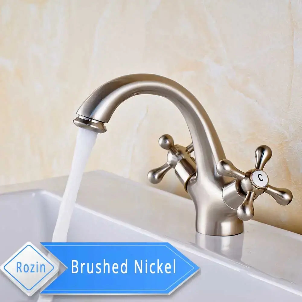 Brushed nickel basin faucet with dual cross handles and curved spout for decorbites gold vessel sink bathroom use