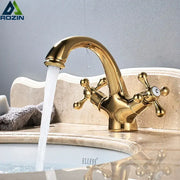 Traditional gold vessel sink basin faucet with cross-handle dual knobs and sleek curved spout decorbites gold vessel sink