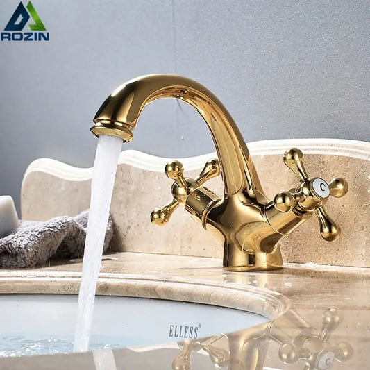 Traditional gold vessel sink basin faucet with cross-handle dual knobs and sleek curved spout decorbites gold vessel sink