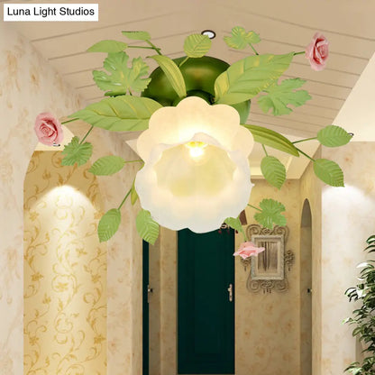 DecorBites™ DecorBites™ Traditional Green Frosted Glass Flower Semi-Flush Mount Ceiling Light Fixture
