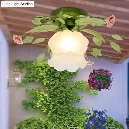 DecorBites™ DecorBites™ Traditional Green Frosted Glass Flower Semi-Flush Mount Ceiling Light Fixture