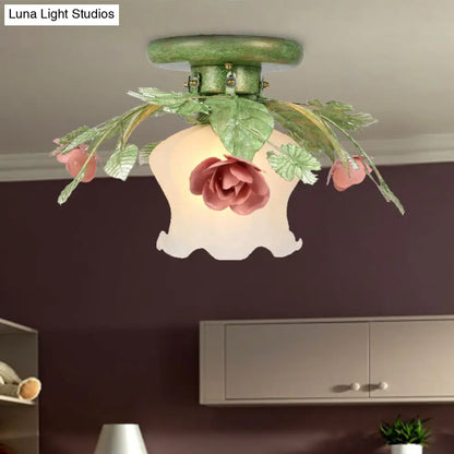 DecorBites™ DecorBites™ Traditional Green Frosted Glass Flower Semi-Flush Mount Ceiling Light Fixture