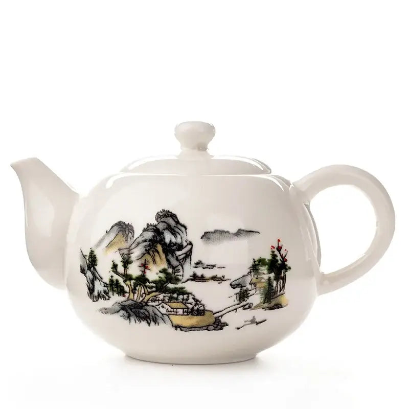 White ceramic dehua clay teapot with traditional east asian landscape design for decorbites dehua clay tea set