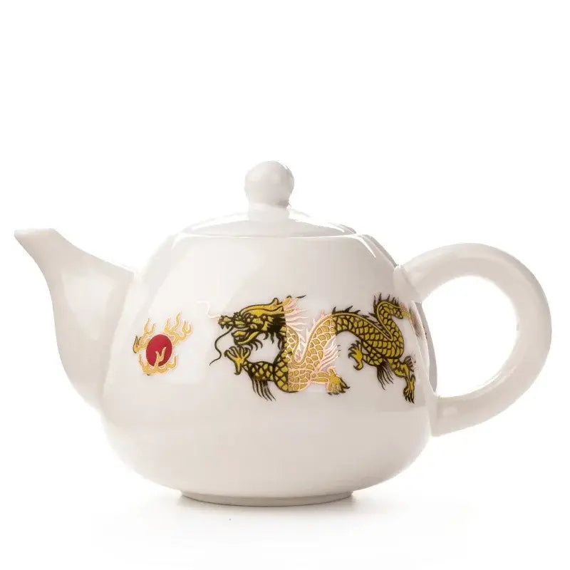 White ceramic dehua clay teapot decorated with golden dragon and red flame motifs in a traditional tea set decorbites dehua clay