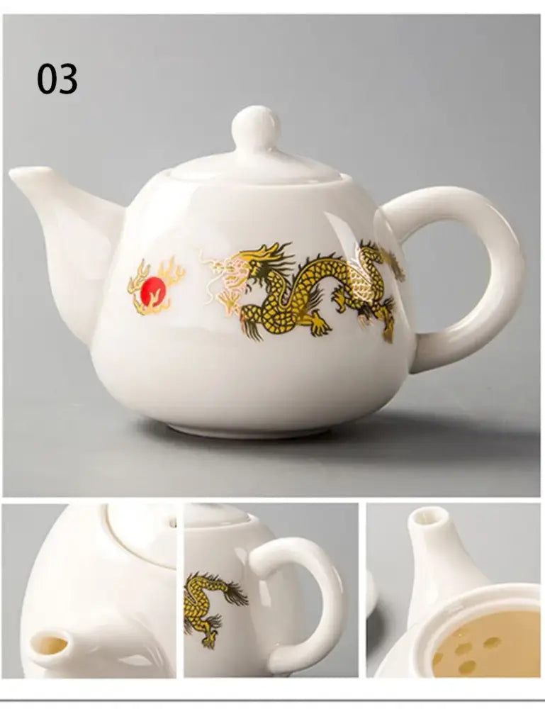 White ceramic dehua clay teapot with golden dragon design red circular motif from decorbites tea set