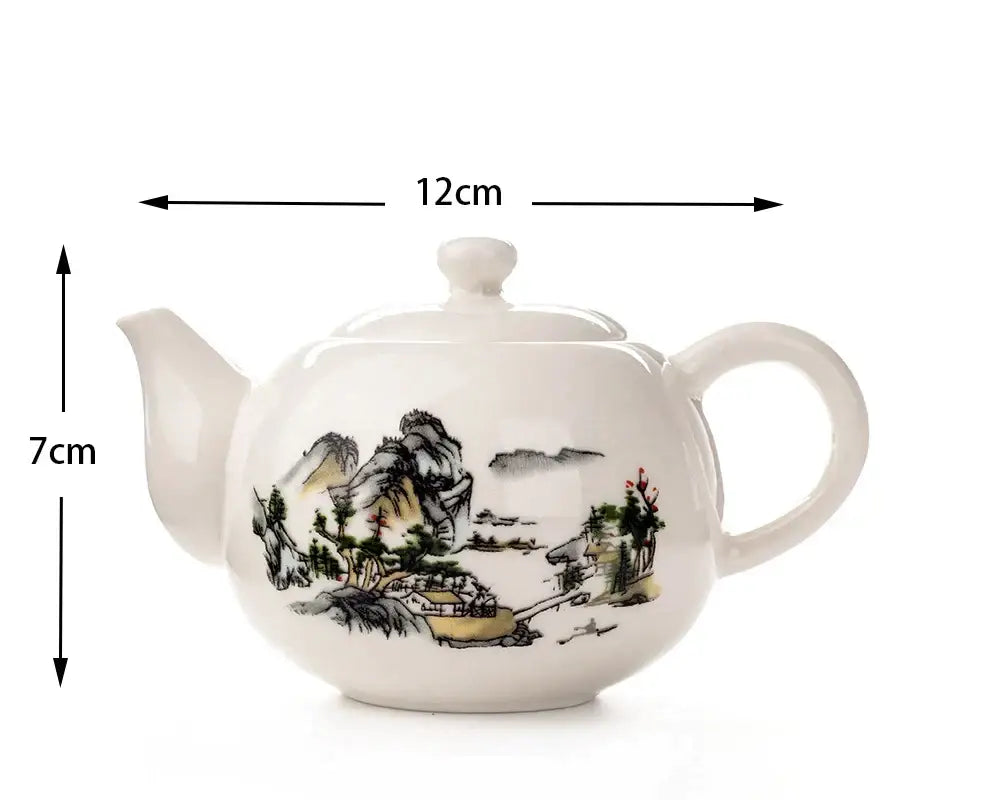 White ceramic dehua clay teapot with traditional ink landscape design in black gray and earthy tones for tea set decorbites
