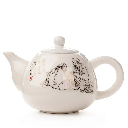 White ceramic dehua clay teapot with black ink illustrations gold detailing and red seal from decorbites tea set