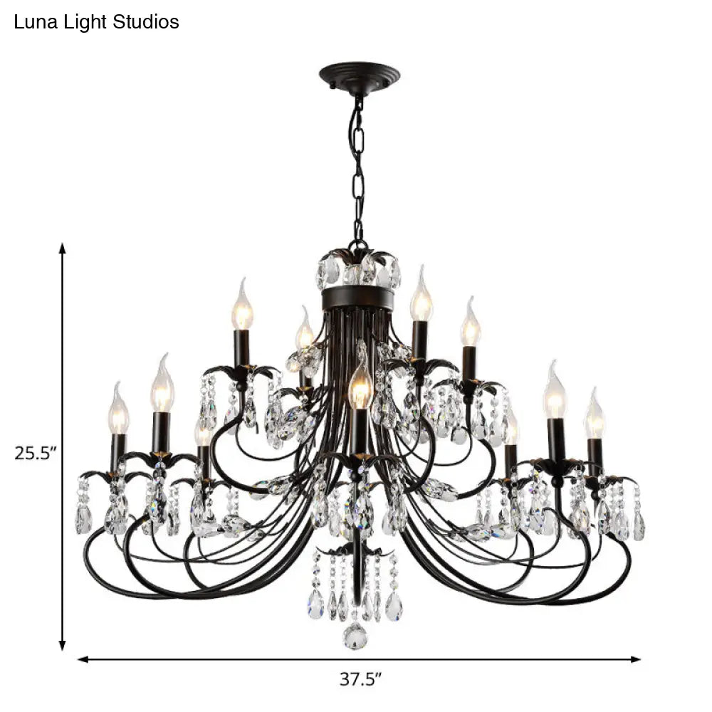 Lámpara colgante de hierro forjado tradicional con candelabros de varios niveles y gotas de cristal - 6/8/12 luces, color negro