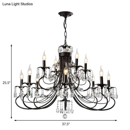 Lámpara colgante de hierro forjado tradicional con candelabros de varios niveles y gotas de cristal - 6/8/12 luces, color negro