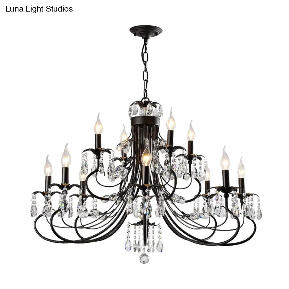 Lámpara colgante de hierro forjado tradicional con candelabros de varios niveles y gotas de cristal - 6/8/12 luces, color negro